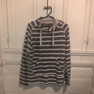 Grey striped sweatshirt.